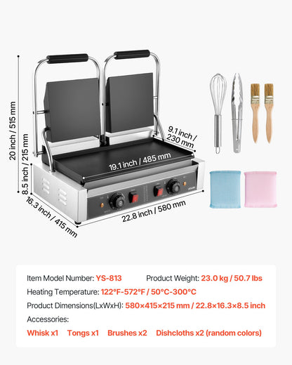 Commercial Panini Grill, 3600W Electric Sandwich Panini Maker, Stainless Steel Double Sandwichs Press with Handle and Temp Control, 19x9 in Full Flat Enamel Plate, for Hamburger Steak Bacon