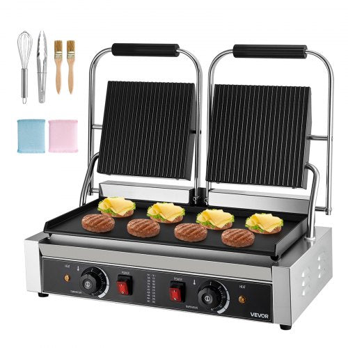 Commercial Panini Grill, 3600W Electric Sandwich Panini Maker, Stainless Steel Double Sandwichs Press Grill with Handle and Temp Control, 19x9 in Flat Enamel Plate for Hamburger Steak Bacon