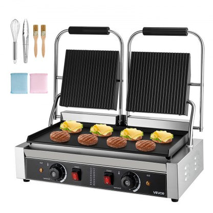 Commercial Panini Grill, 3600W Electric Sandwich Panini Maker, Stainless Steel Double Sandwichs Press Grill with Handle and Temp Control, 19x9 in Flat Enamel Plate for Hamburger Steak Bacon
