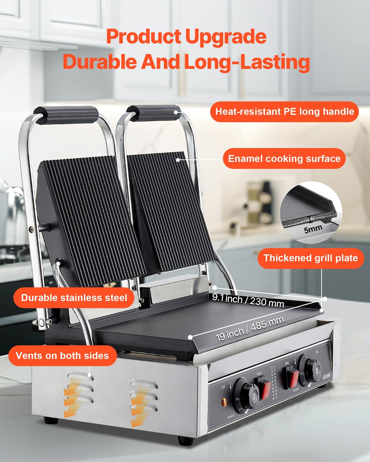 Commercial Panini Grill, 3600W Electric Sandwich Panini Maker, Stainless Steel Double Sandwichs Press Grill with Handle and Temp Control, 19x9 in Flat Enamel Plate for Hamburger Steak Bacon