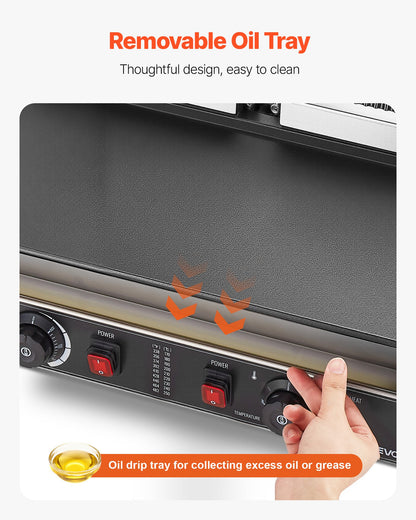 Commercial Panini Grill, 3600W Electric Sandwich Panini Maker, Stainless Steel Double Sandwichs Press Grill with Handle and Temp Control, 19x9 in Flat Enamel Plate for Hamburger Steak Bacon