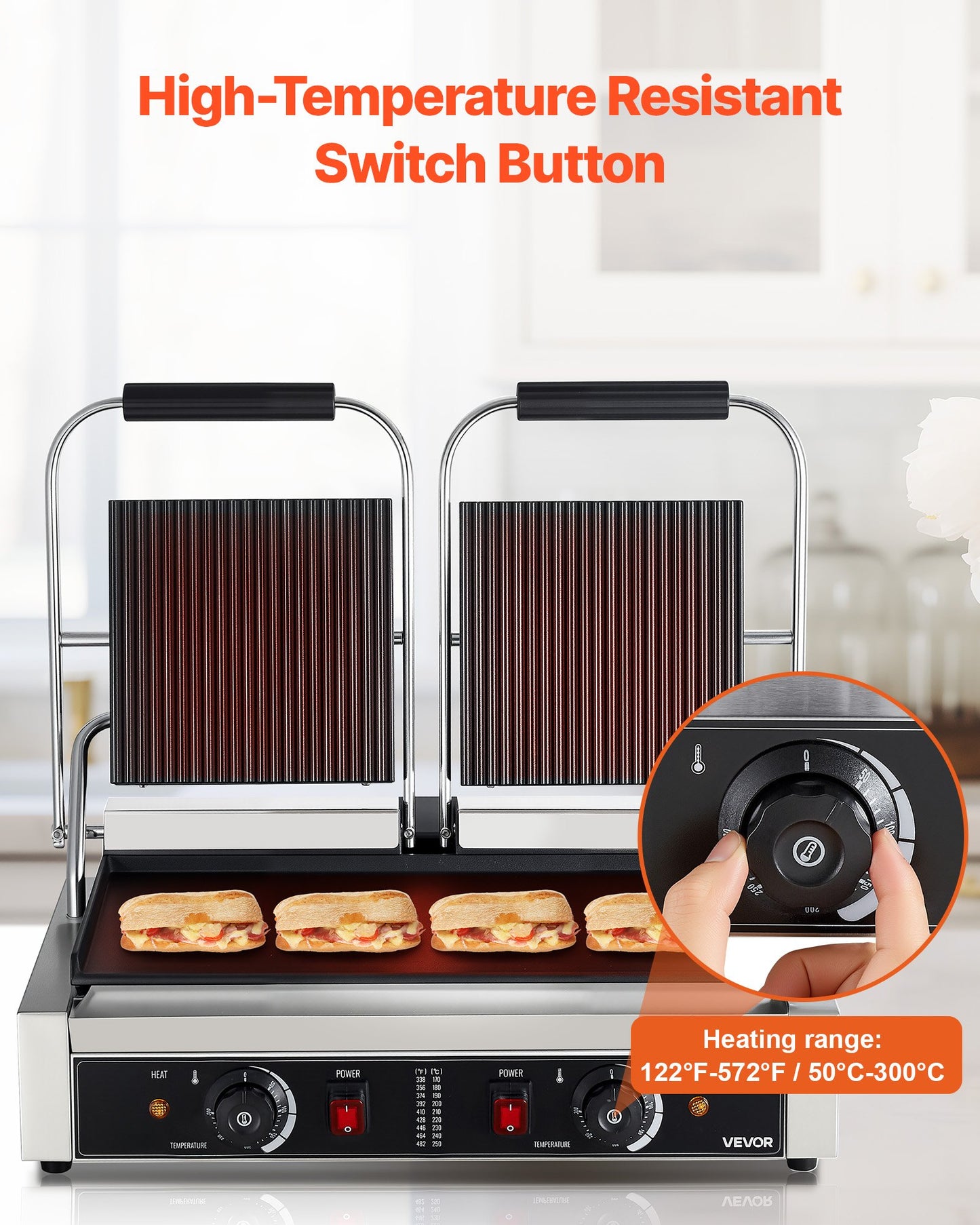 Commercial Panini Grill, 3600W Electric Sandwich Panini Maker, Stainless Steel Double Sandwichs Press Grill with Handle and Temp Control, 19x9 in Flat Enamel Plate for Hamburger Steak Bacon