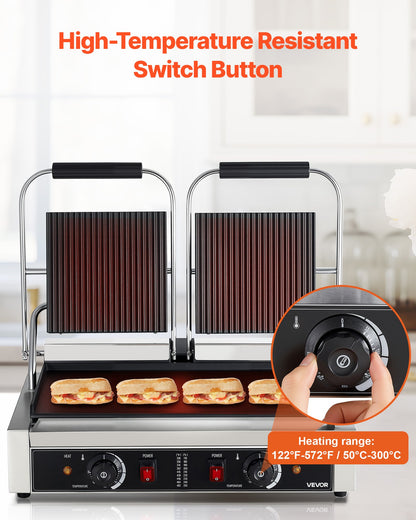 Commercial Panini Grill, 3600W Electric Sandwich Panini Maker, Stainless Steel Double Sandwichs Press Grill with Handle and Temp Control, 19x9 in Flat Enamel Plate for Hamburger Steak Bacon
