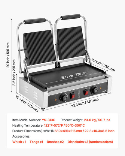 Commercial Panini Grill, 3600W Electric Sandwich Panini Maker, Stainless Steel Double Sandwichs Press Grill with Handle and Temp Control, 19x9 in Flat Enamel Plate for Hamburger Steak Bacon