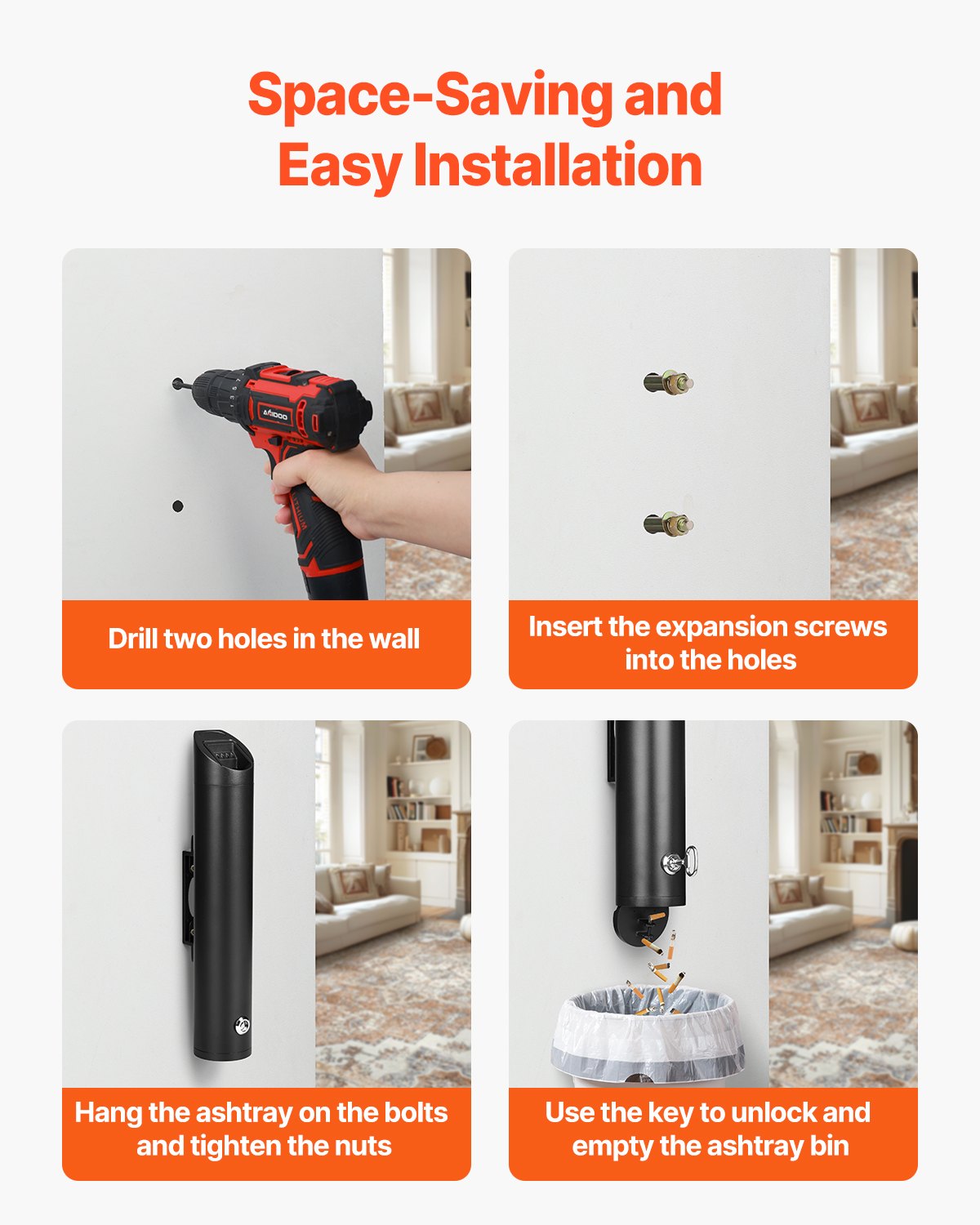 Cigarette Butt Container Stainless Steel Wall Mounted Waste Disposal Black