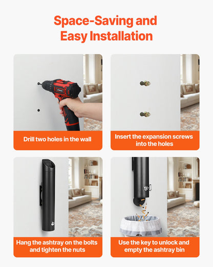 Cigarette Butt Container Stainless Steel Wall Mounted Waste Disposal Black