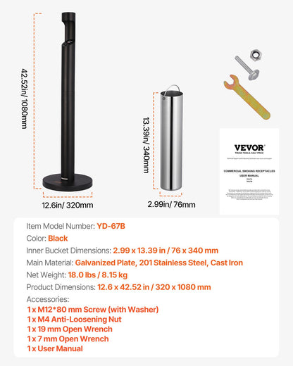 Cigarette Butt Receptacle, Commercial Cylinder Cigarette Butt Container, Freestanding and Weatherproof Outdoor Cigarette Butt Disposal for Garden, Office, Restaurant, Hotel, Bar, Patio, Black