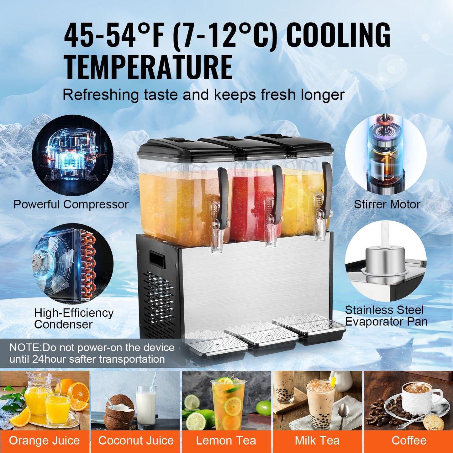 Commercial Beverage Dispenser, 3 Tanks 12 L / 12.7 QT Per Tank Juice Dispenser, 370W Stainless Steel Ice Tea Drink Machine with 45°F-54°F Cooling Temperature, for Cold Drink Restaurant Bar Party