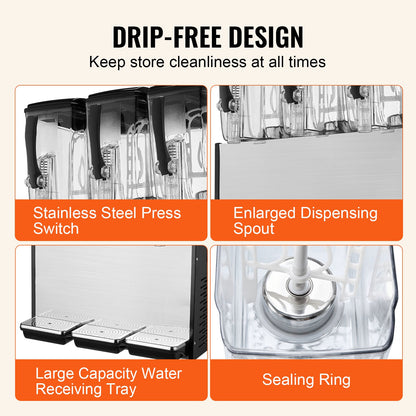 Commercial Beverage Dispenser, 3 Tanks 12 L / 12.7 QT Per Tank Juice Dispenser, 370W Stainless Steel Ice Tea Drink Machine with 45°F-54°F Cooling Temperature, for Cold Drink Restaurant Bar Party
