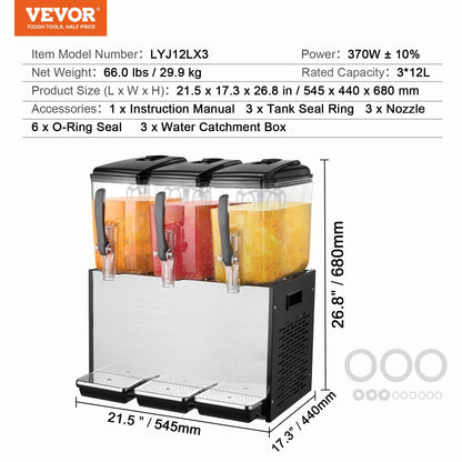 Commercial Beverage Dispenser, 3 Tanks 12 L / 12.7 QT Per Tank Juice Dispenser, 370W Stainless Steel Ice Tea Drink Machine with 45°F-54°F Cooling Temperature, for Cold Drink Restaurant Bar Party