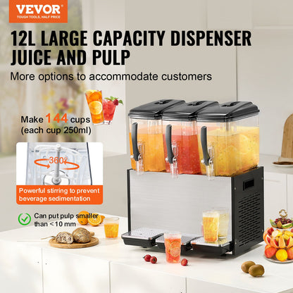 Commercial Beverage Dispenser 12L x 3 tanks Cold Juice Ice Drink Dispenser