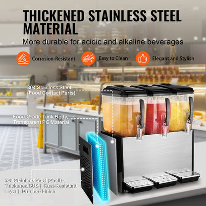 Commercial Beverage Dispenser 12L x 3 tanks Cold Juice Ice Drink Dispenser