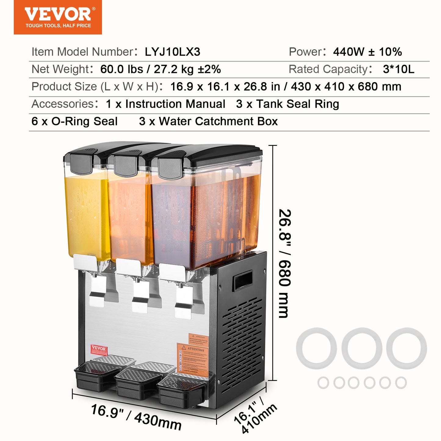 Commercial Beverage Dispenser 10L x 3 Tanks Cold Juice Ice Drink Dispenser