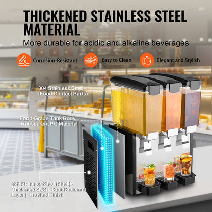 Commercial Beverage Dispenser 10L x 3 tanks Cold Juice Ice Drink Dispenser