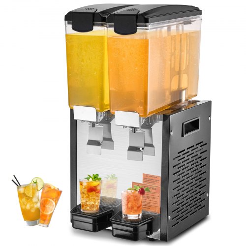 Commercial Beverage Dispenser, 2 Tanks 10 L / 10.6 QT Per Tank Juice Dispenser, 270W Stainless Steel Ice Tea Drink Machine with 45°F-54°F Cooling Temperature, for Cold Drink Restaurant Bar Party