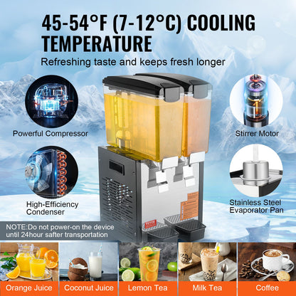 Commercial Beverage Dispenser, 2 Tanks 10 L / 10.6 QT Per Tank Juice Dispenser, 270W Stainless Steel Ice Tea Drink Machine with 45°F-54°F Cooling Temperature, for Cold Drink Restaurant Bar Party
