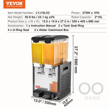 Commercial Beverage Dispenser, 2 Tanks 10 L / 10.6 QT Per Tank Juice Dispenser, 270W Stainless Steel Ice Tea Drink Machine with 45°F-54°F Cooling Temperature, for Cold Drink Restaurant Bar Party