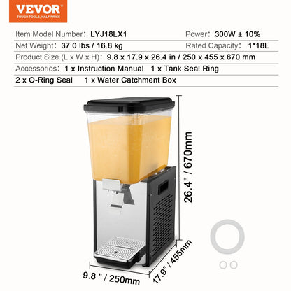 Commercial Beverage Dispenser, 18 L / 19 QT Juice Dispenser, 300W 304 Stainless Steel Food Grade Ice Tea Drink Machine with 45°F-54°F Cooling Temperature, for Cold Drink Restaurant Bar Party