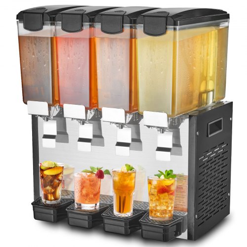Commercial Beverage Dispenser, 4 Tanks 10 L / 10.6 QT Per Tank Juice Dispenser, 430W Stainless Steel Ice Tea Drink Machine with 45°F-54°F Cooling Temperature, for Cold Drink Restaurant Bar Party