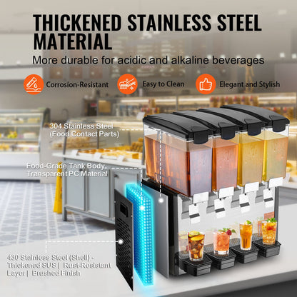 Commercial Beverage Dispenser 10L x 4 tanks Cold Juice Ice Drink Dispenser