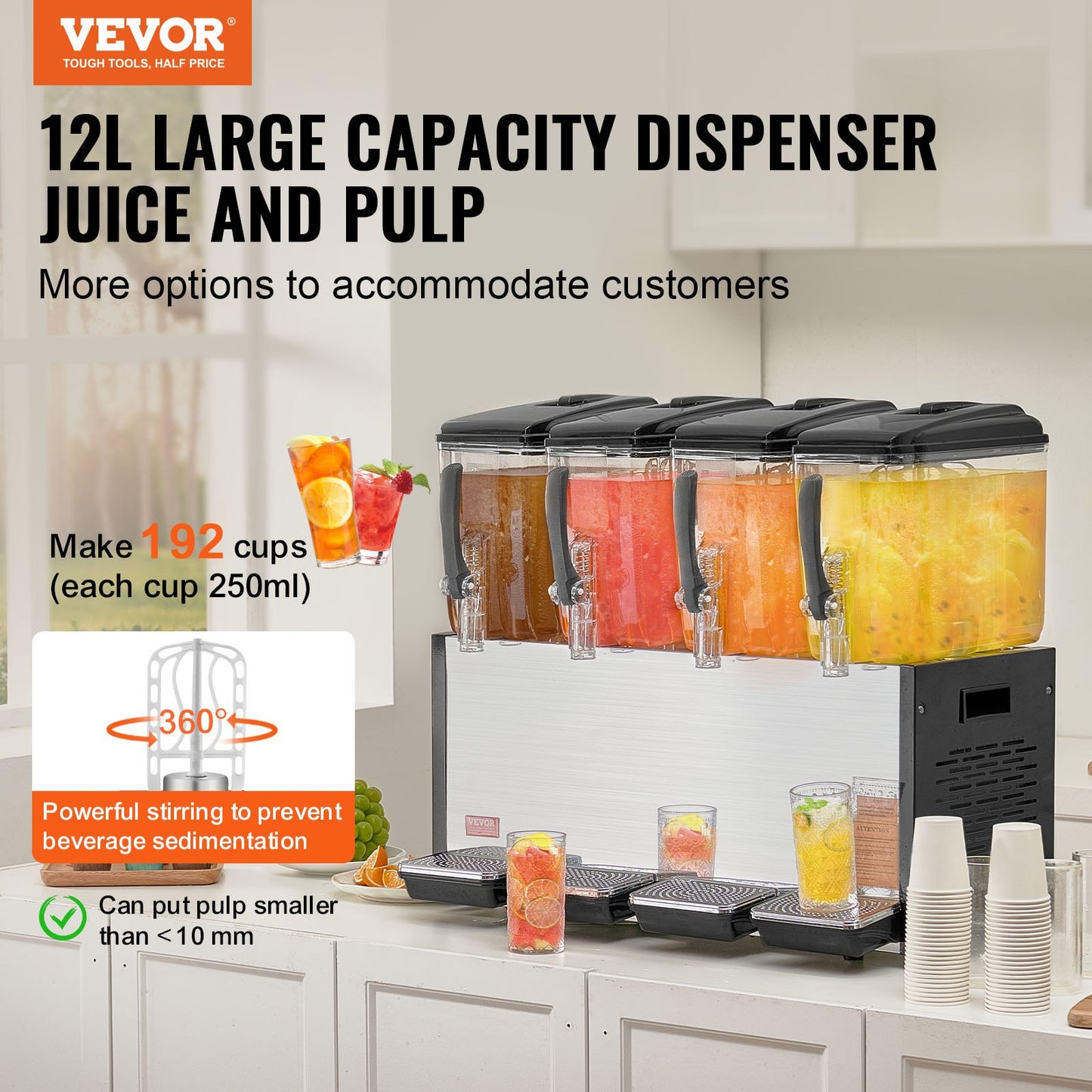 Commercial Beverage Dispenser 12L x 4 tanks Cold Juice Ice Drink Dispenser
