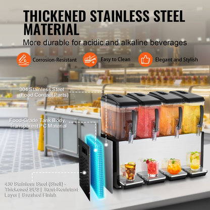 Commercial Beverage Dispenser 12L x 4 tanks Cold Juice Ice Drink Dispenser