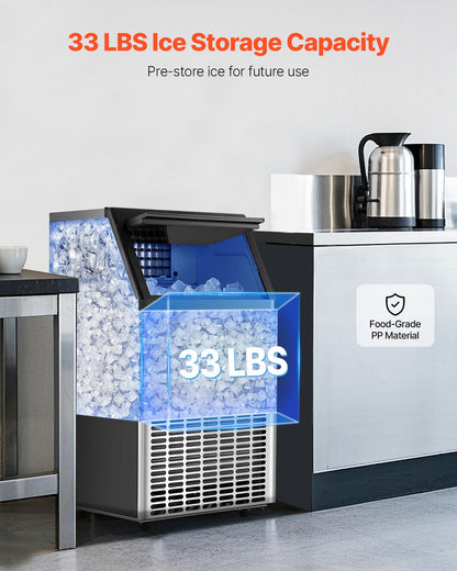 Commercial Ice Maker Machine, 100lbs/24H Ice Maker Machine with 33lbs Storage Capacity, 45 Ice Cubes in 15 Minutes, LED Digital Display Freestanding Self-Cleaning for Bar Office Restaurant