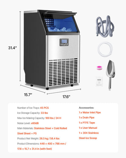 Commercial Ice Maker Machine, 100lbs/24H Ice Maker Machine with 33lbs Storage Capacity, 45 Ice Cubes in 15 Minutes, LED Digital Display Freestanding Self-Cleaning for Bar Office Restaurant