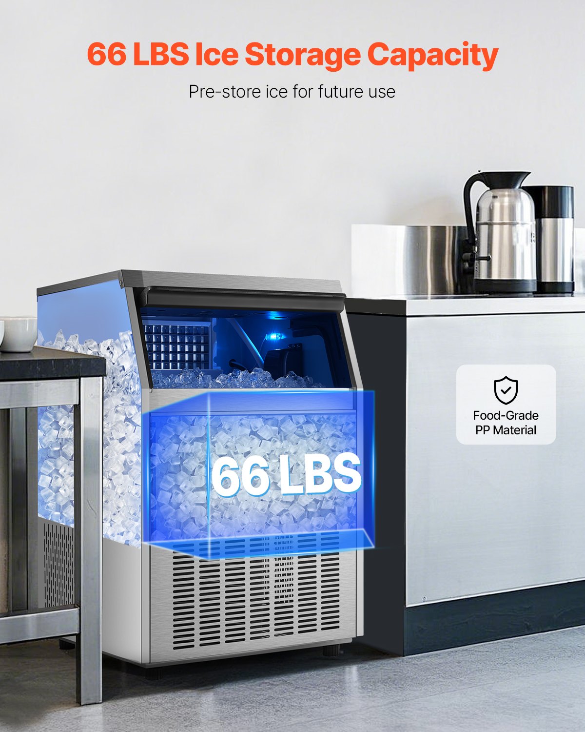 Commercial Ice Maker Machine, 160lbs/24H Ice Maker Machine with 66lbs Storage Capacity, 80 Ice Cubes in 15 Minutes, LED Digital Display Freestanding Self-Cleaning for Bar Office Restaurant