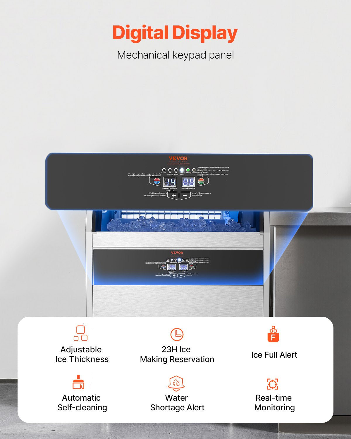 Commercial Ice Maker Machine, 160lbs/24H Ice Maker Machine with 66lbs Storage Capacity, 80 Ice Cubes in 15 Minutes, LED Digital Display Freestanding Self-Cleaning for Bar Office Restaurant