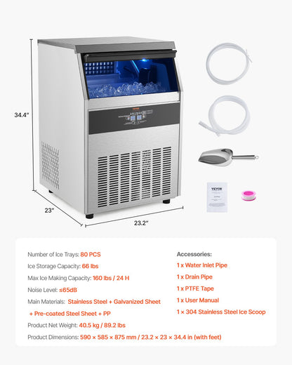 Commercial Ice Maker Machine, 160lbs/24H Ice Maker Machine with 66lbs Storage Capacity, 80 Ice Cubes in 15 Minutes, LED Digital Display Freestanding Self-Cleaning for Bar Office Restaurant