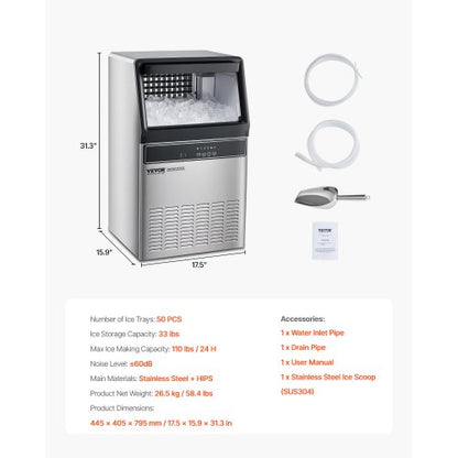 Commercial Ice Machine Freestanding Cabinet Machine 110lbs/24h 50 Ice Cubes | EU