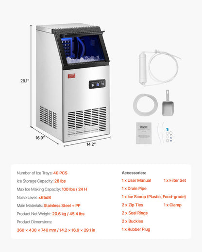 100lbs/24H Commercial Ice Maker, 36 Ice Cubes in 15 Minutes, Freestanding Ice Maker Machine with 28lbs Large Storage Capacity for Bar Office Restaurant, with LED Digital Display & Self-Cleaning