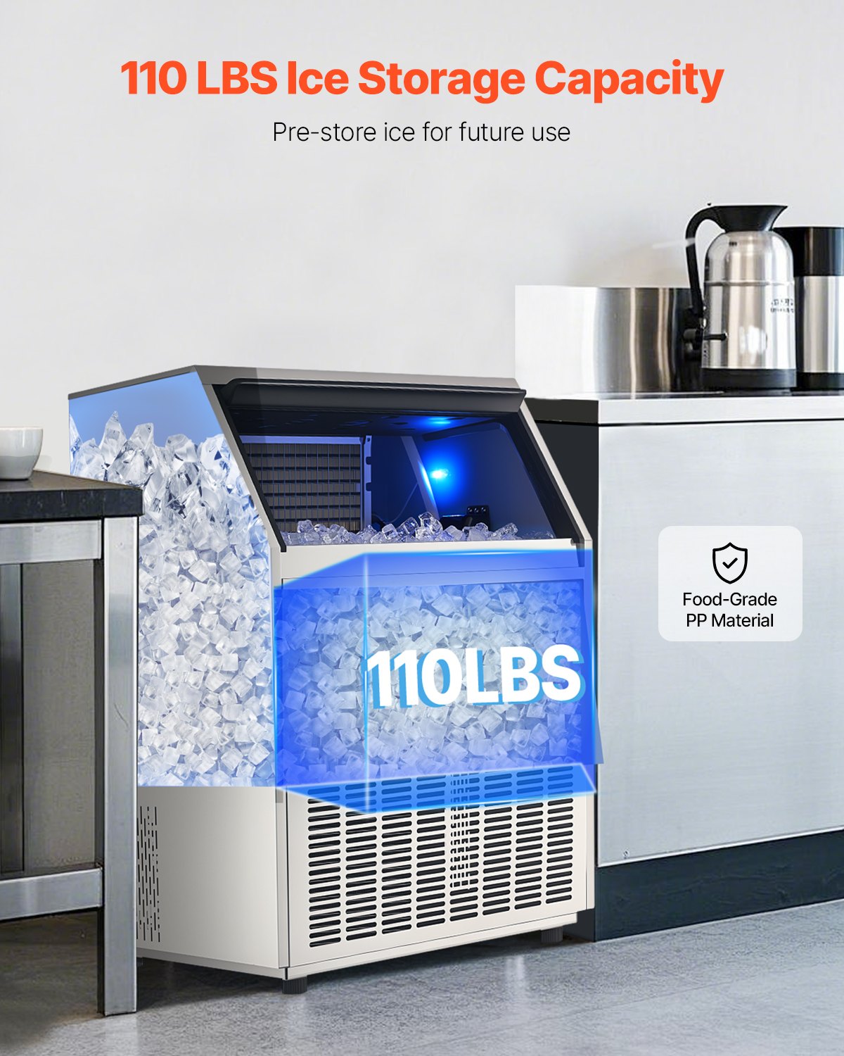 Commercial Ice Maker Machine, 440lbs/24H Ice Maker Machine with 130lbs Storage Capacity, 160 Ice Cubes in 15 Minutes, LED Digital Display Freestanding Self-Cleaning for Bar Office Restaurant