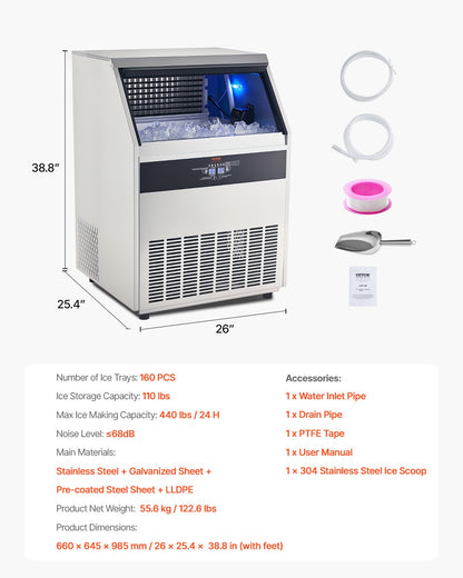 Commercial Ice Maker Machine, 440lbs/24H Ice Maker Machine with 130lbs Storage Capacity, 160 Ice Cubes in 15 Minutes, LED Digital Display Freestanding Self-Cleaning for Bar Office Restaurant