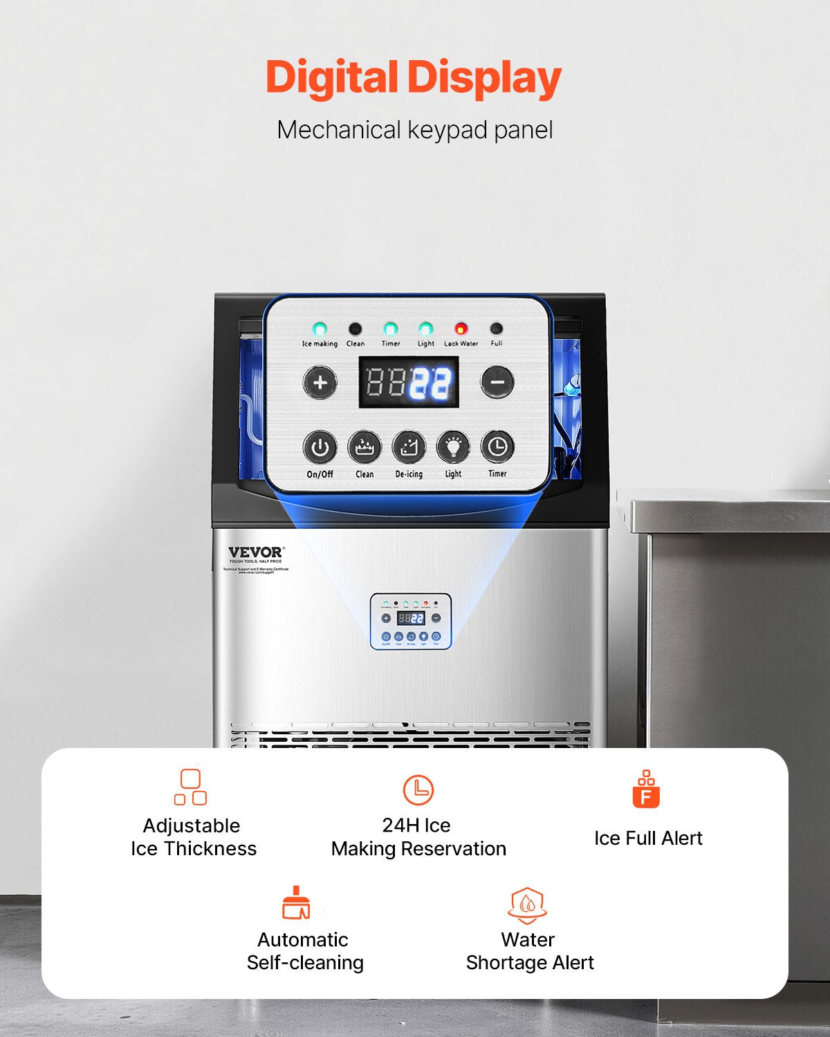 Commercial Ice Maker Machine, 90lbs/24H Ice Maker Machine with 33lbs Storage Capacity, 50 Ice Cubes in 15 Minutes, LED Digital Display Freestanding Self-Cleaning for Bar Office Restaurant