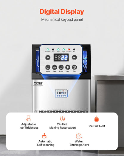 Commercial Ice Maker Machine, 90lbs/24H Ice Maker Machine with 33lbs Storage Capacity, 50 Ice Cubes in 15 Minutes, LED Digital Display Freestanding Self-Cleaning for Bar Office Restaurant