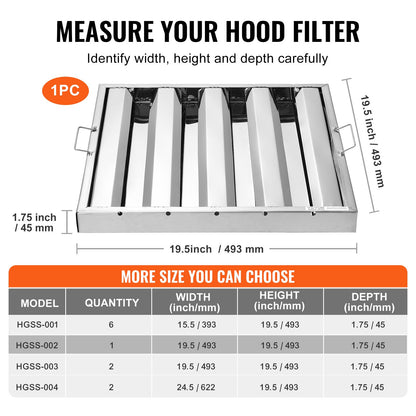 Commercial Hood Filter, 19.5W x 19.5H Inch Range Hood Filters, Stainless Steel Restaurant Range Hood Baffle Filter for Grease Rated Commercial Kitchen Exhaust Hoods, 4 Grooves, 1 Piece