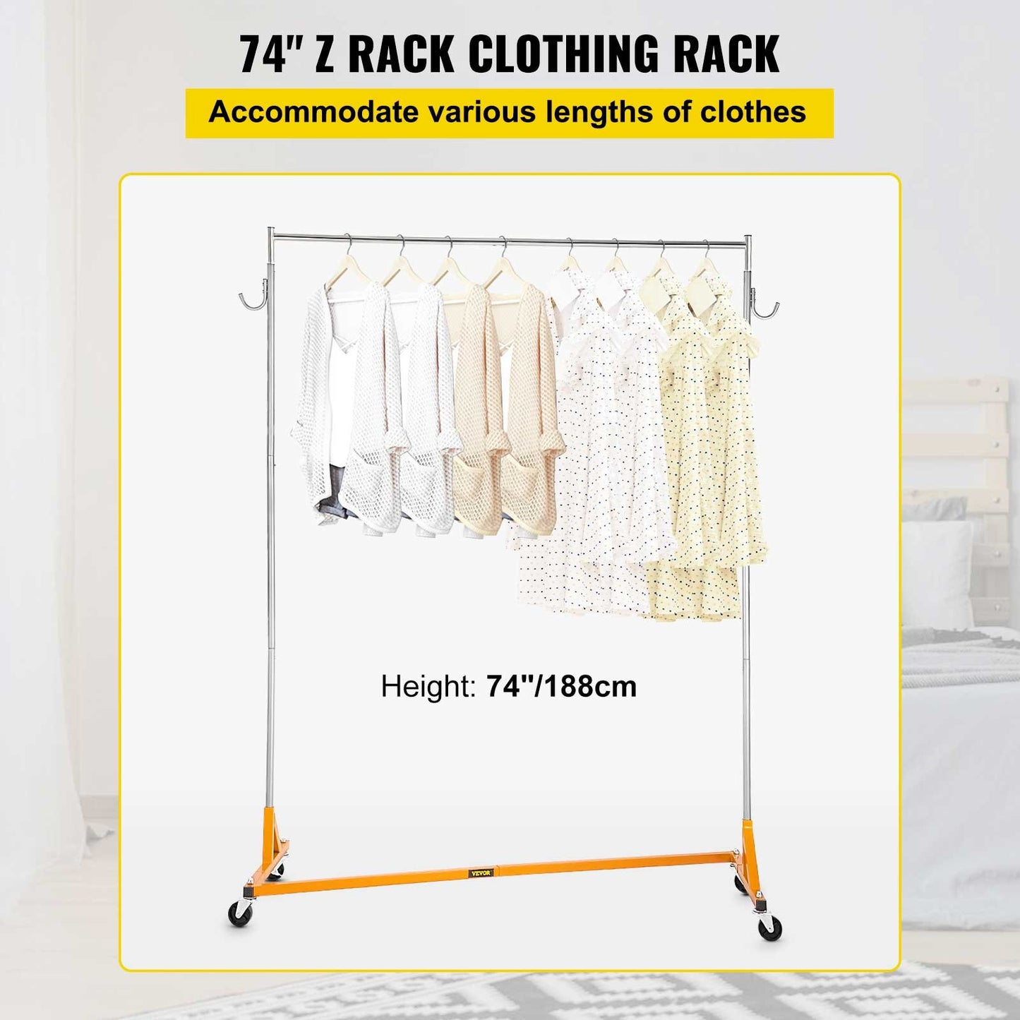Z Rack, Industrial Grade Z Base Garment Rack, Height Adjustable Rolling Z Garment Rack, Sturdy Steel Z Base Clothing Rack with Lockable Casters, for Home Clothing Store Display Orange (3 Sets)