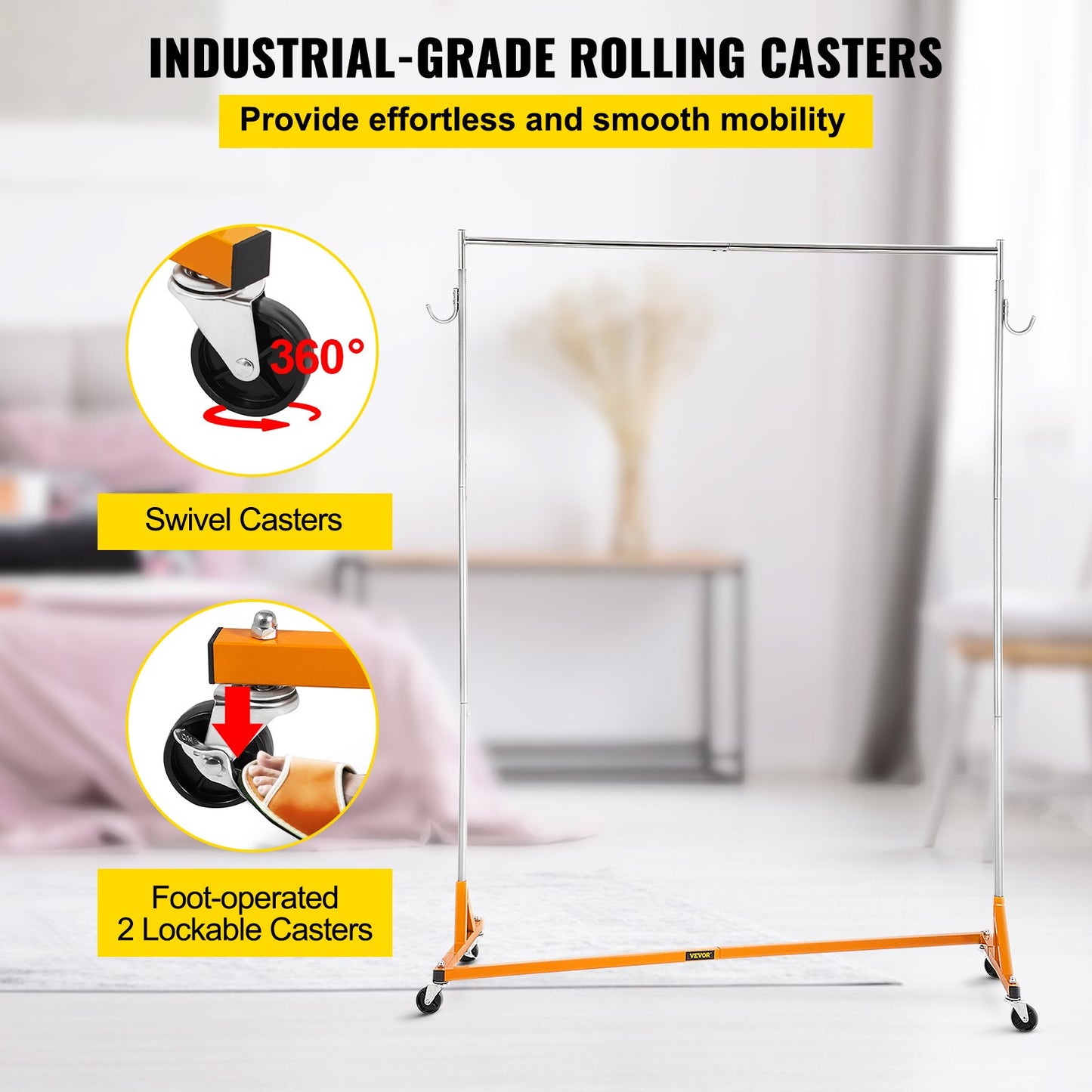 Z Rack, Industrial Grade Z Base Garment Rack, Height Adjustable Rolling Z Garment Rack, Sturdy Steel Z Base Clothing Rack with Lockable Casters, for Home Clothing Store Display Orange (3 Sets)