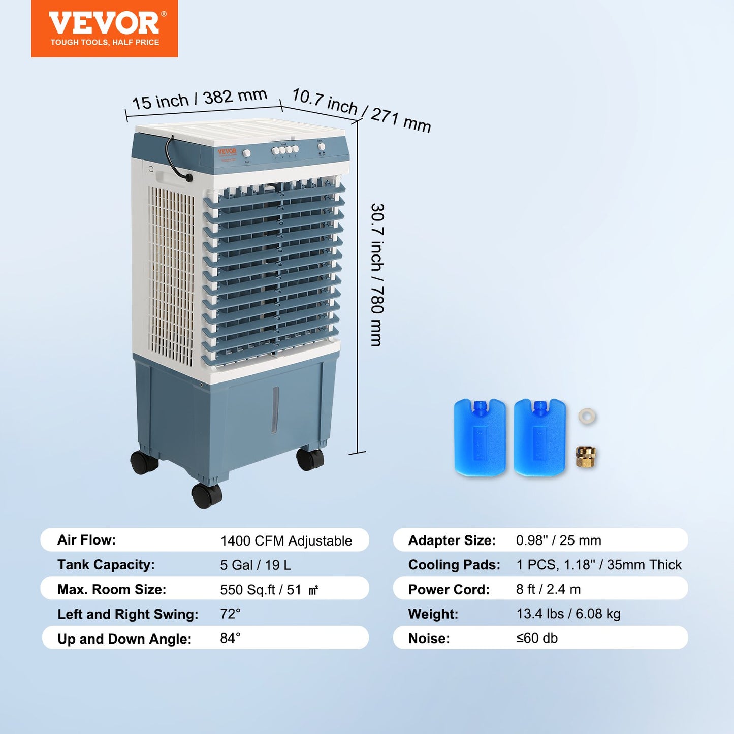 Evaporative Cooler, 1400 CFM Air Cooler, 84° Oscillating Swamp Cooler ,5 Gal Portable Air Cooler for 550 Sq.ft with 3 Speeds Adjustable Control, Indoor Outdoor Use, FCC Listed
