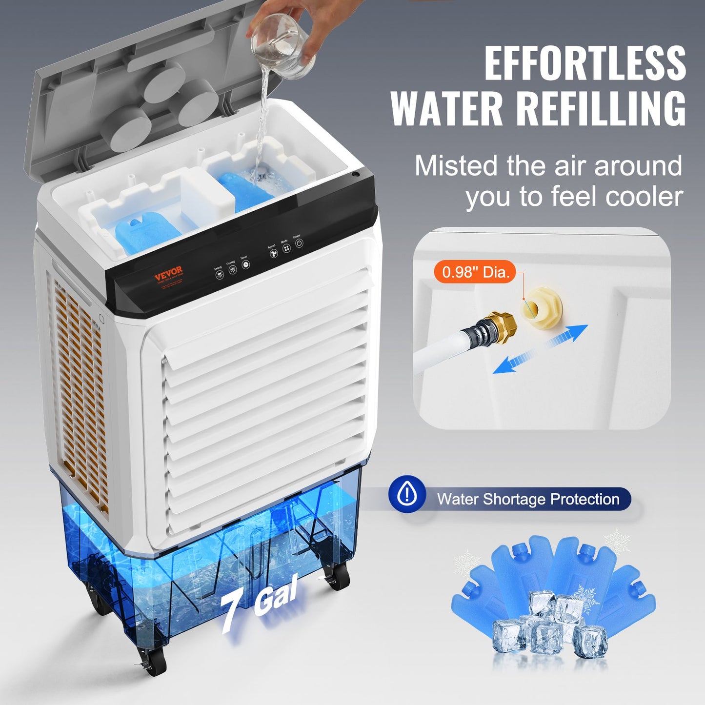 Evaporative Air Cooler, 2100 CFM, 135° Oscillating Swamp Cooler with Adjustable 3 Speeds and 12 H Timer, 7 Gal Portable Air Cooler for 750 Sq.ft, Indoor/Outdoor Use, FCC Listed