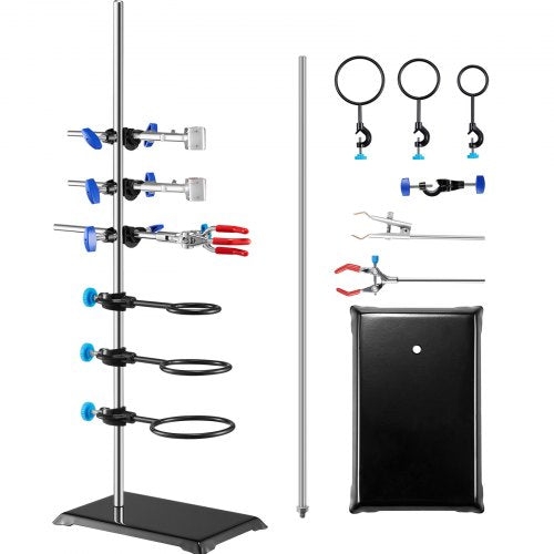Lab Stand Support, Laboratory Retort Support Stand Set, Steel Lab Stand 23.6" Rod and 8.3" x 5.3" Cast Iron Base, Includes Flask Clamps, a Burette Clamp and Cross Clamps