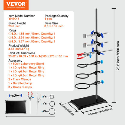 Lab Stand Support, Laboratory Retort Support Stand Set, Steel Lab Stand 23.6" Rod and 8.3" x 5.3" Cast Iron Base, Includes Flask Clamps, a Burette Clamp and Cross Clamps