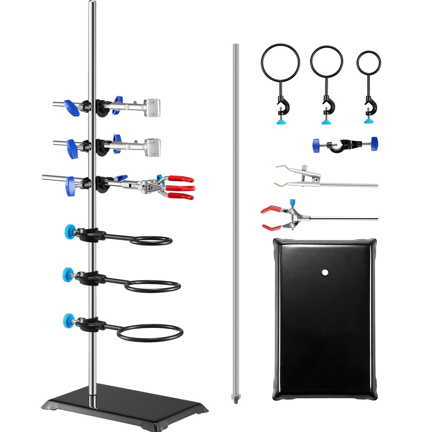 Lab Stand Support, Laboratory Retort Support Stand Set, Steel Lab Stand 23.6" Rod and 8.3" x 5.3" Cast Iron Base, Includes Flask Clamps, a Burette Clamp and Cross Clamps