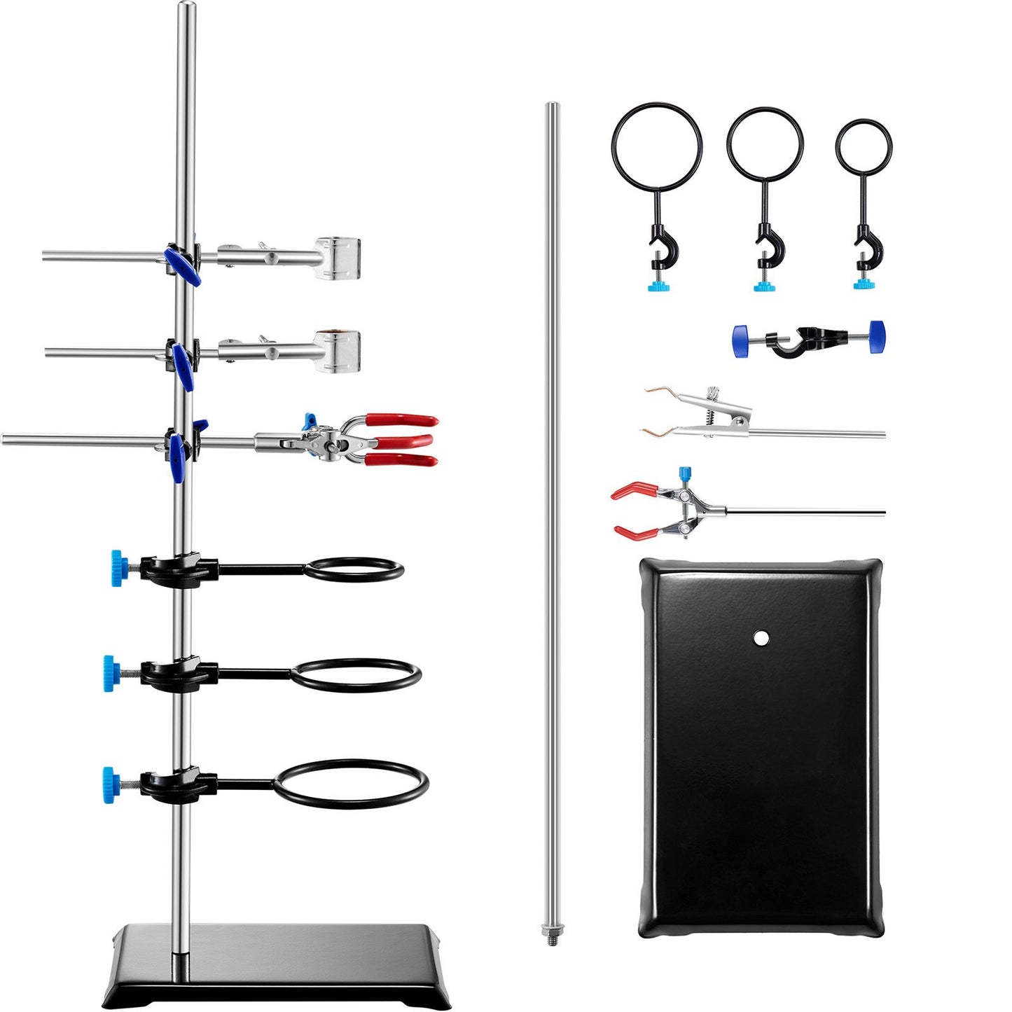 Lab Stand Support, Laboratory Retort Support Stand Set, Steel Lab Stand 23.6" Rod and 8.3" x 5.3" Cast Iron Base, Includes Flask Clamps, a Burette Clamp and Cross Clamps