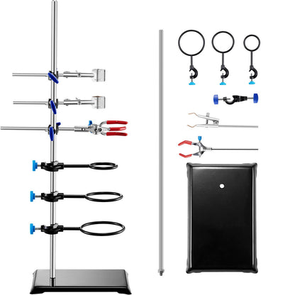 Lab Stand Support, Laboratory Retort Support Stand Set, Steel Lab Stand 23.6" Rod and 8.3" x 5.3" Cast Iron Base, Includes Flask Clamps, a Burette Clamp and Cross Clamps