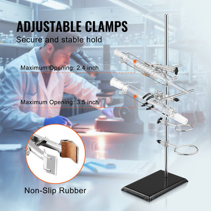 Lab Stand Support, Laboratory Retort Support Stand 2 Sets, Steel Lab Stand 23.6" Rod and 8.3" x 5.3" Cast Iron Base, Includes Flask Clamps, Burette Clamps and Cross Clamps