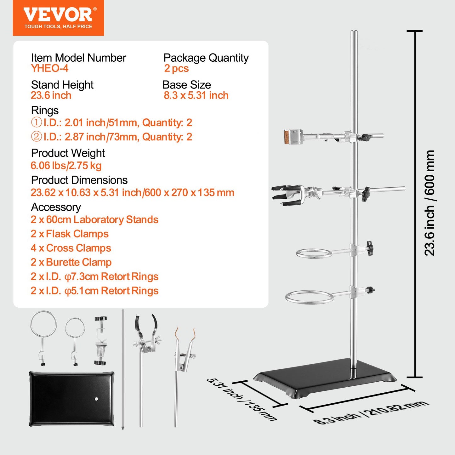 Lab Stand Support, Laboratory Retort Support Stand 2 Sets, Steel Lab Stand 23.6" Rod and 8.3" x 5.3" Cast Iron Base, Includes Flask Clamps, Burette Clamps and Cross Clamps