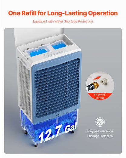 Evaporative Air Cooler, 4129 CFM with 12.7 Gallon Water Tank Swamp Cooler, Portable Cooling Fan with Remote Control, 12H Timer, 4 Ice Boxes, Quiet Operation, 3 Wind Speeds for Outdoor Indoor Use